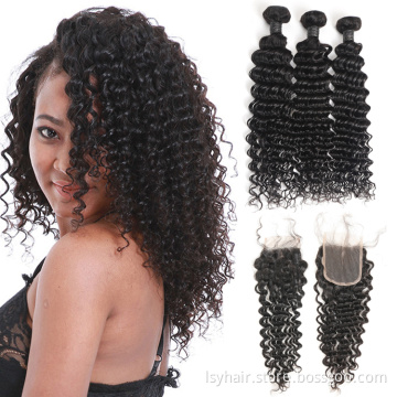 Free Shipping Peruvian Deep Wave Bundles Human Hair Extensions, Shop Online 3 Bundles Natural Color Hair Weave With Closure